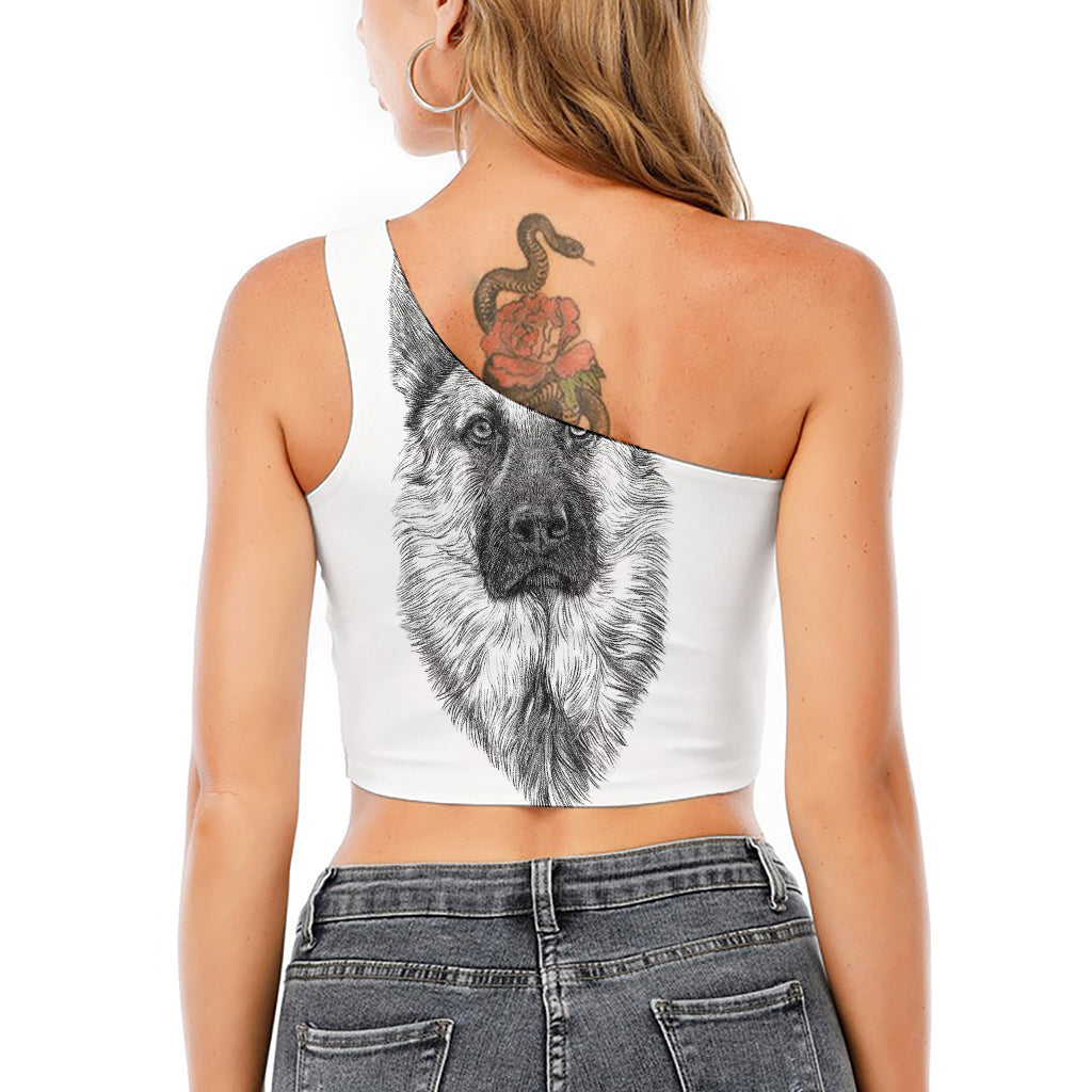 Black And White German Shepherd Print One Shoulder Crop Top