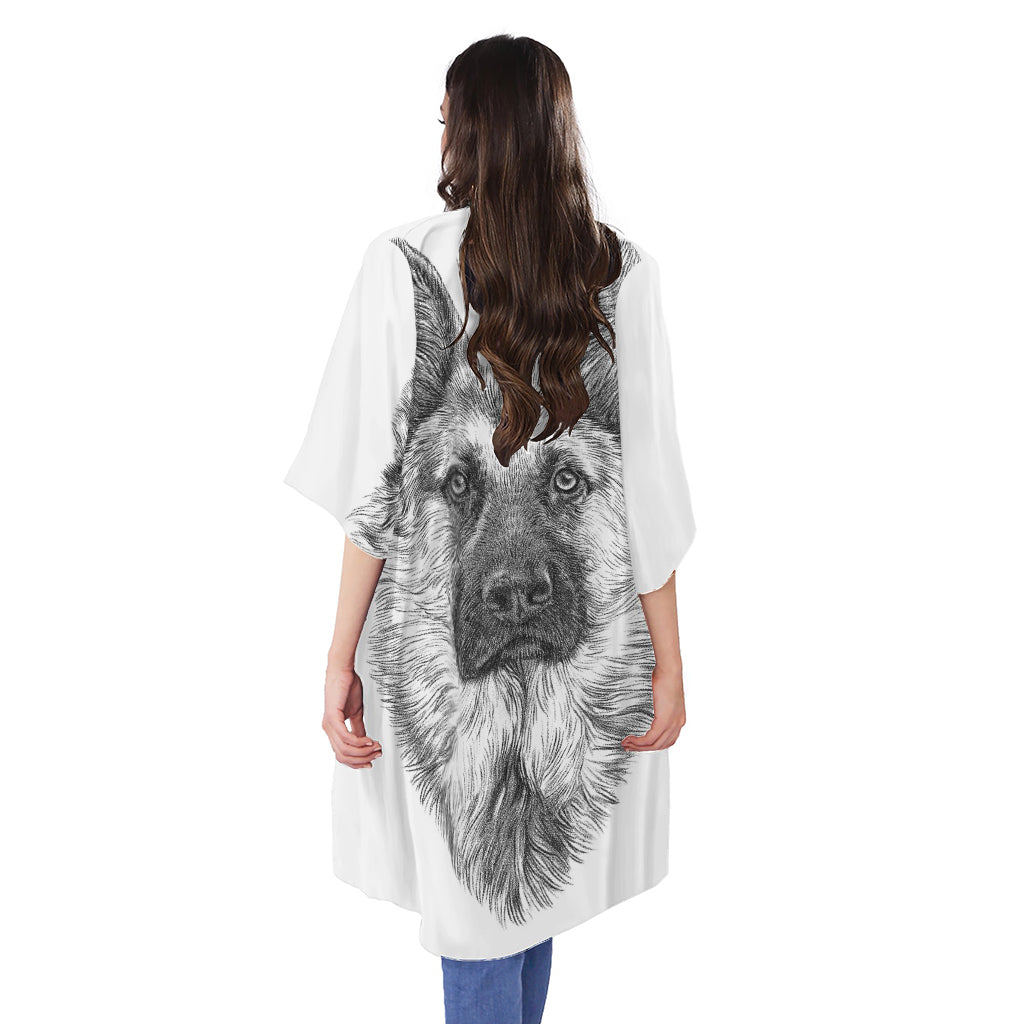 Black And White German Shepherd Print Open Front Beach Cover Up