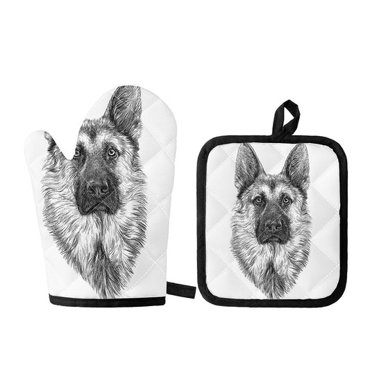 Black And White German Shepherd Print Oven Mitt And Pot Holder Set
