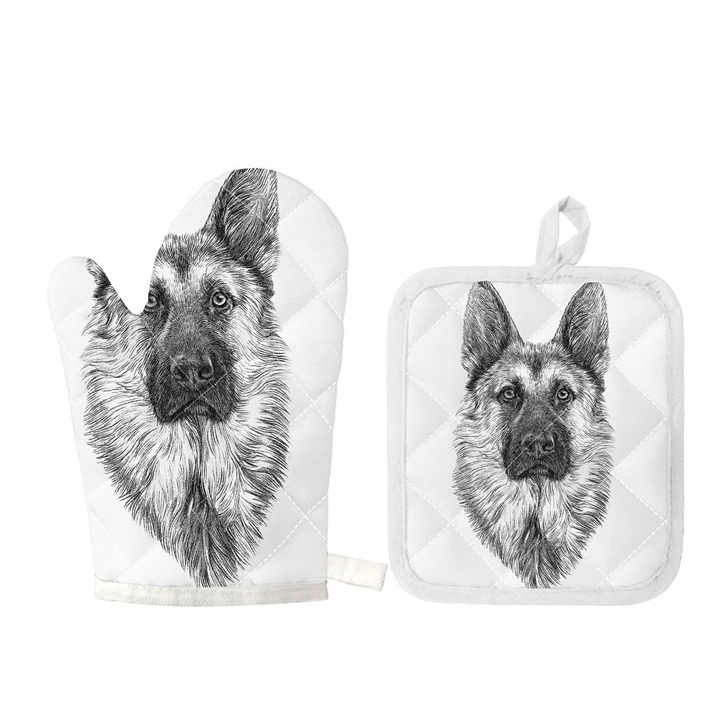 Black And White German Shepherd Print Oven Mitt And Pot Holder Set