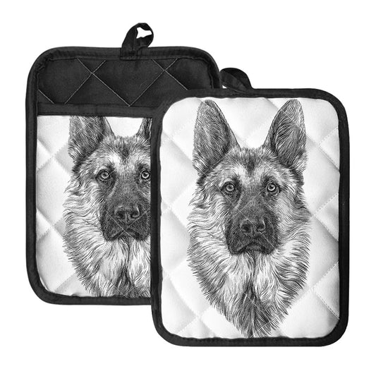 Black And White German Shepherd Print Pot Holders With Pocket