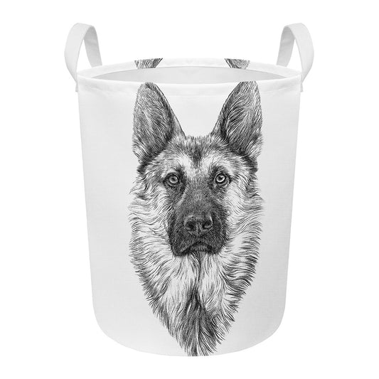 Black And White German Shepherd Print Round Laundry Basket