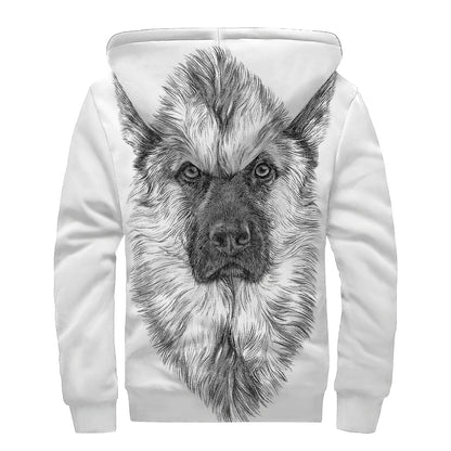 Black And White German Shepherd Print Sherpa Lined Zip Up Hoodie