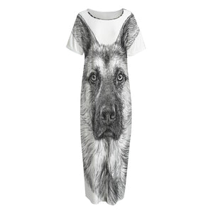 Black And White German Shepherd Print Short Sleeve Long Nightdress