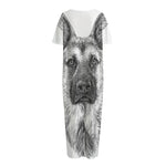 Black And White German Shepherd Print Short Sleeve Long Nightdress