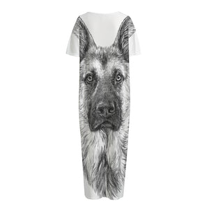 Black And White German Shepherd Print Short Sleeve Long Nightdress