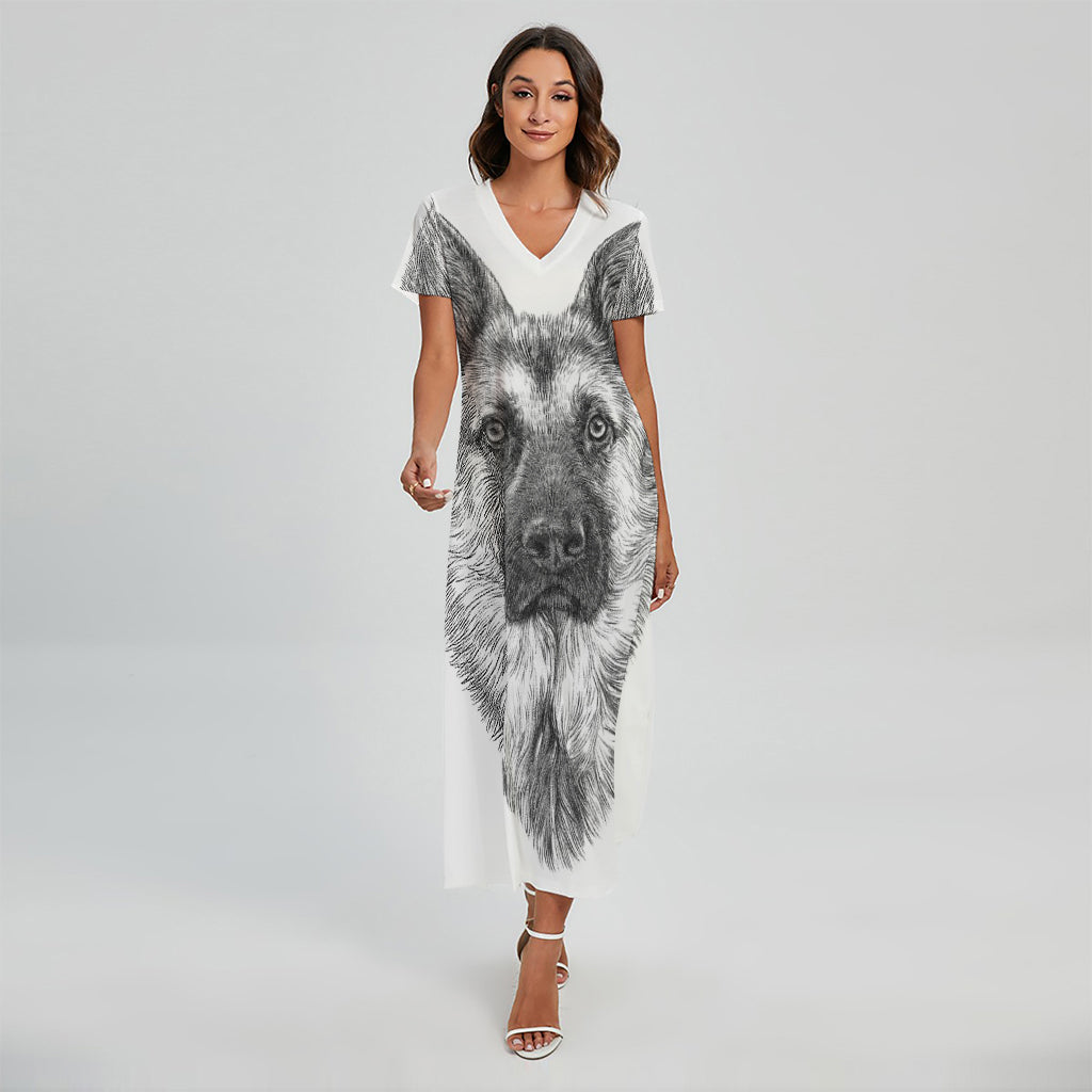 Black And White German Shepherd Print Short Sleeve Maxi Dress