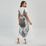 Black And White German Shepherd Print Short Sleeve Maxi Dress