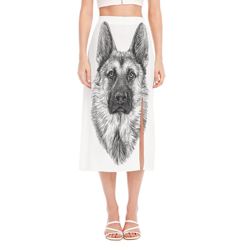 Black And White German Shepherd Print Side Slit Midi Skirt