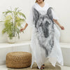 Black And White German Shepherd Print Silk V-Neck Kaftan Dress