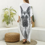 Black And White German Shepherd Print Silk V-Neck Kaftan Dress