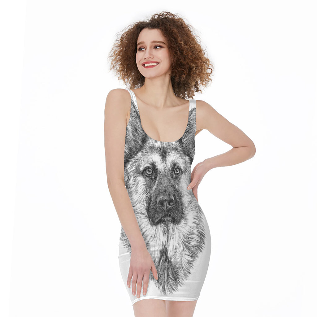 Black And White German Shepherd Print Sleeveless Bodycon Dress