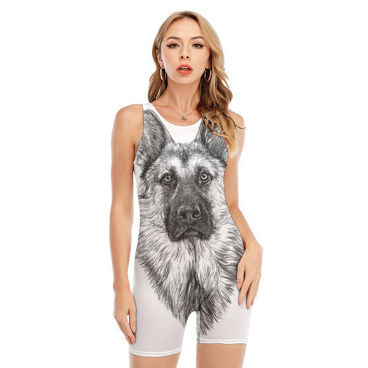 Black And White German Shepherd Print Sleeveless One Piece Swimsuit