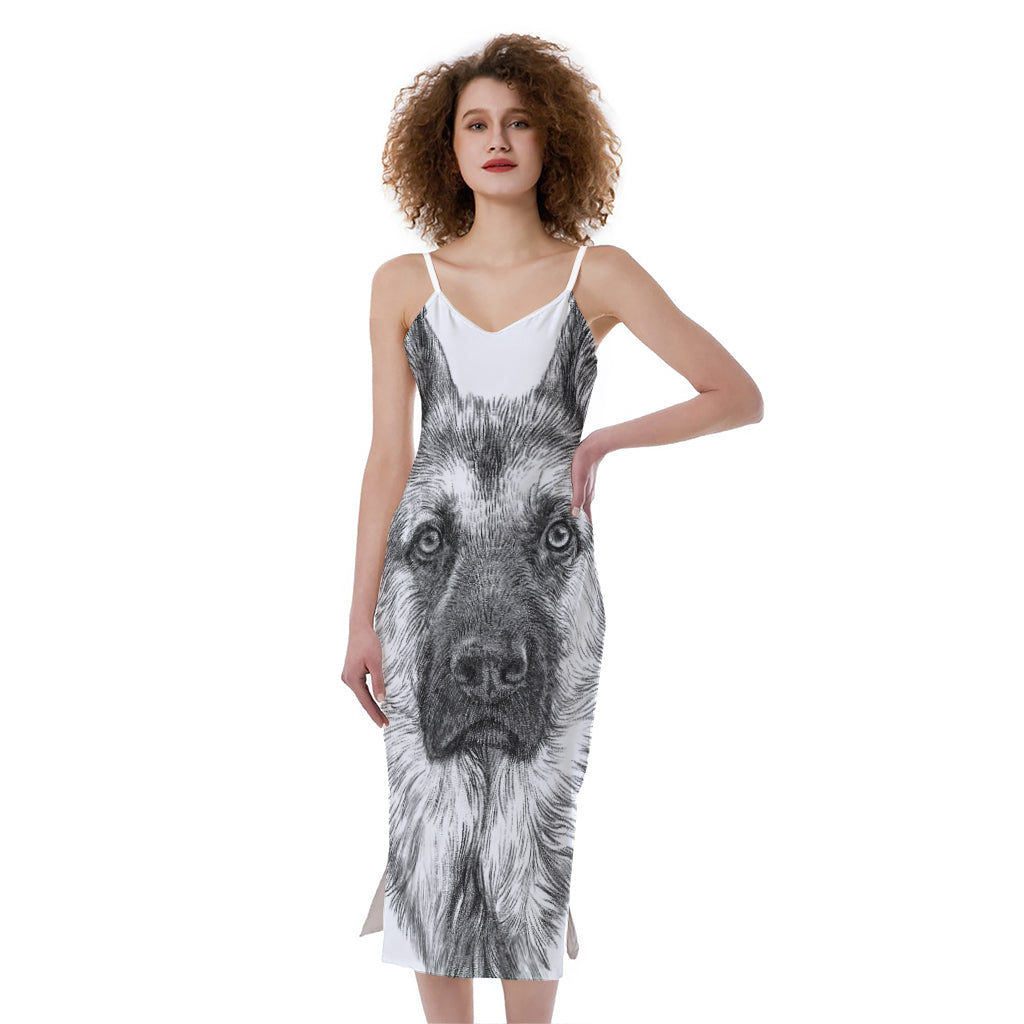 Black And White German Shepherd Print Slim Fit Midi Cami Dress