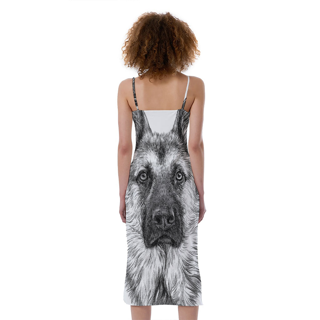 Black And White German Shepherd Print Slim Fit Midi Cami Dress