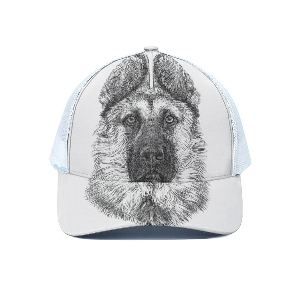Black And White German Shepherd Print White Mesh Trucker Cap
