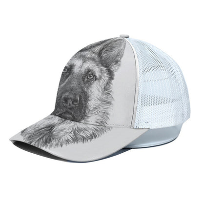 Black And White German Shepherd Print White Mesh Trucker Cap