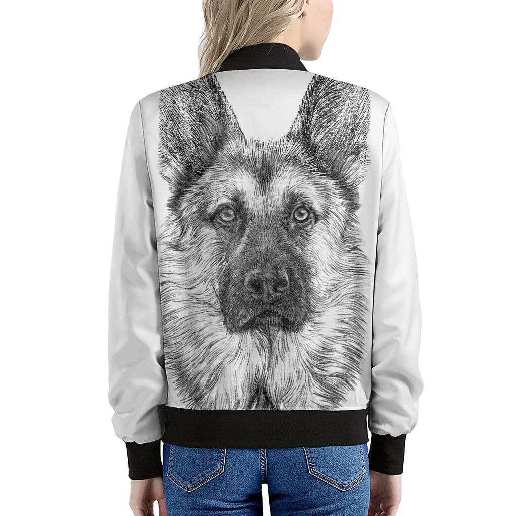 Black And White German Shepherd Print Women's Bomber Jacket