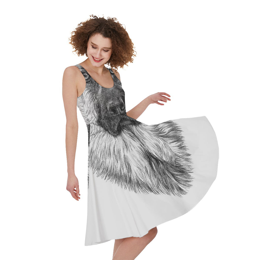 Black And White German Shepherd Print Women's Sleeveless Dress