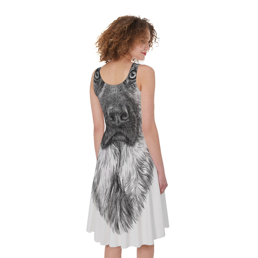 Black And White German Shepherd Print Women's Sleeveless Dress