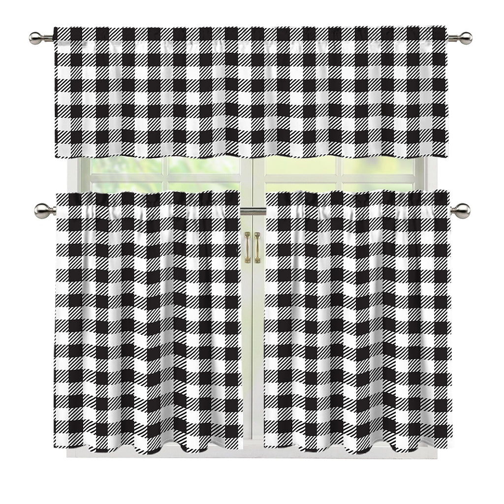 Black And White Gingham Pattern Print 3 Piece Kitchen Curtains