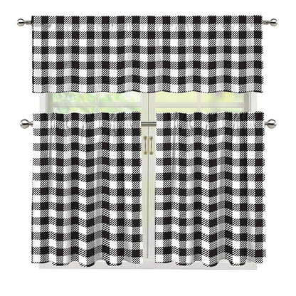Black And White Gingham Pattern Print 3 Piece Kitchen Curtains
