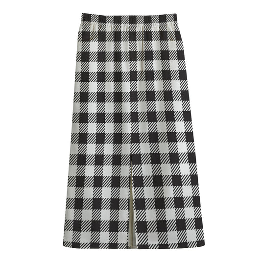 Black And White Gingham Pattern Print Cotton Front Slit Maxi Skirt