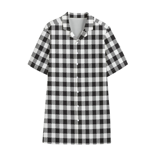 Black And White Gingham Pattern Print Cotton Hawaiian Shirt