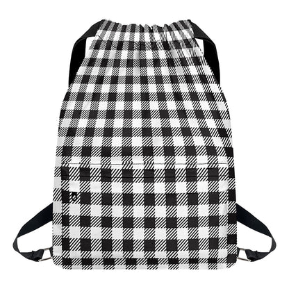 Black And White Gingham Pattern Print Drawstring Backpack