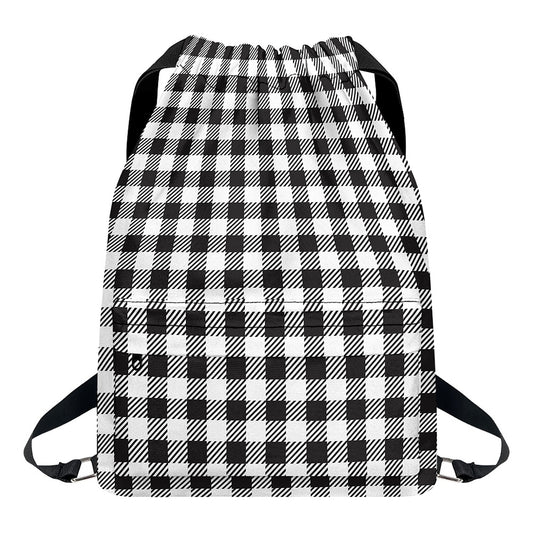 Black And White Gingham Pattern Print Drawstring Backpack
