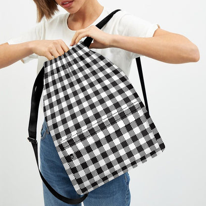 Black And White Gingham Pattern Print Drawstring Backpack