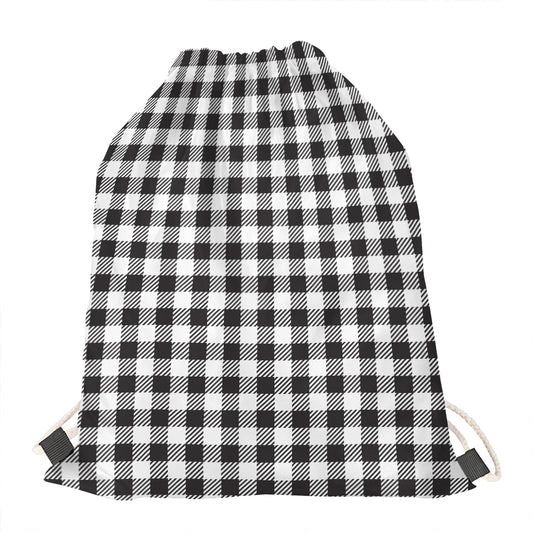 Black And White Gingham Pattern Print Drawstring Bag