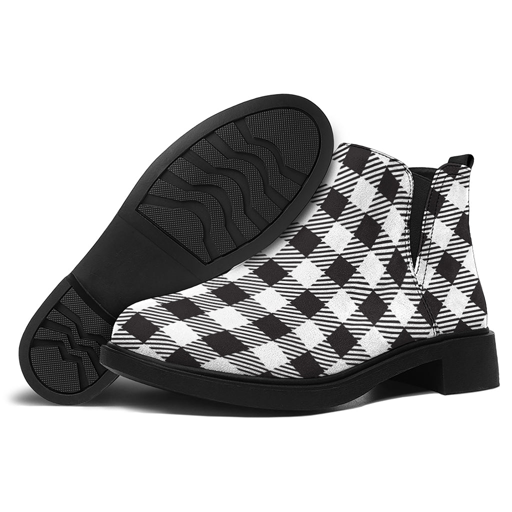Black And White Gingham Pattern Print Flat Ankle Boots