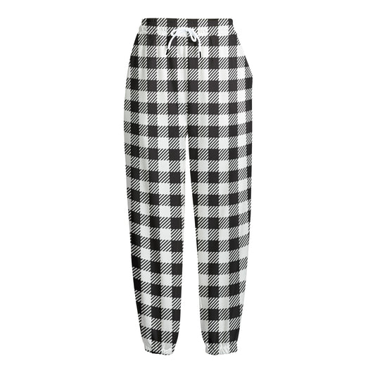 Black And White Gingham Pattern Print Fleece Lined Knit Pants