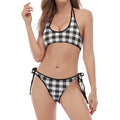 Black And White Gingham Pattern Print Halter Scoop Tie Side Bikini