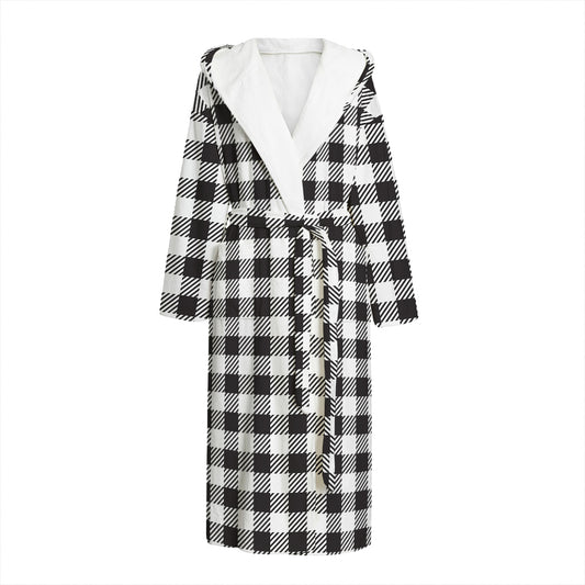 Black And White Gingham Pattern Print Hooded Bathrobe