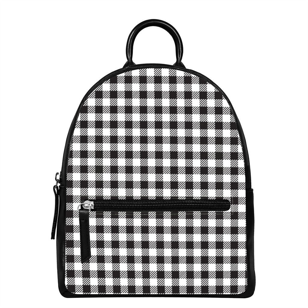 Black And White Gingham Pattern Print Leather Backpack