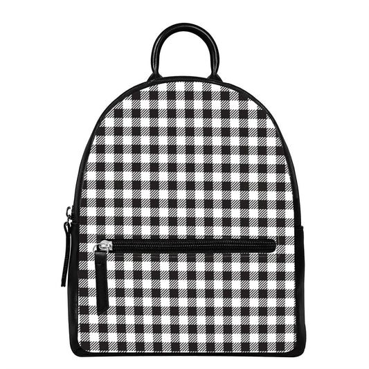 Black And White Gingham Pattern Print Leather Backpack