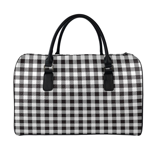 Black And White Gingham Pattern Print Leather Duffle Bag