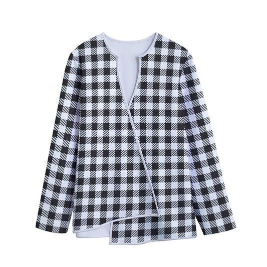 Black And White Gingham Pattern Print Long Sleeve Short Coat