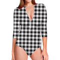 Black And White Gingham Pattern Print Long Sleeve Swimsuit