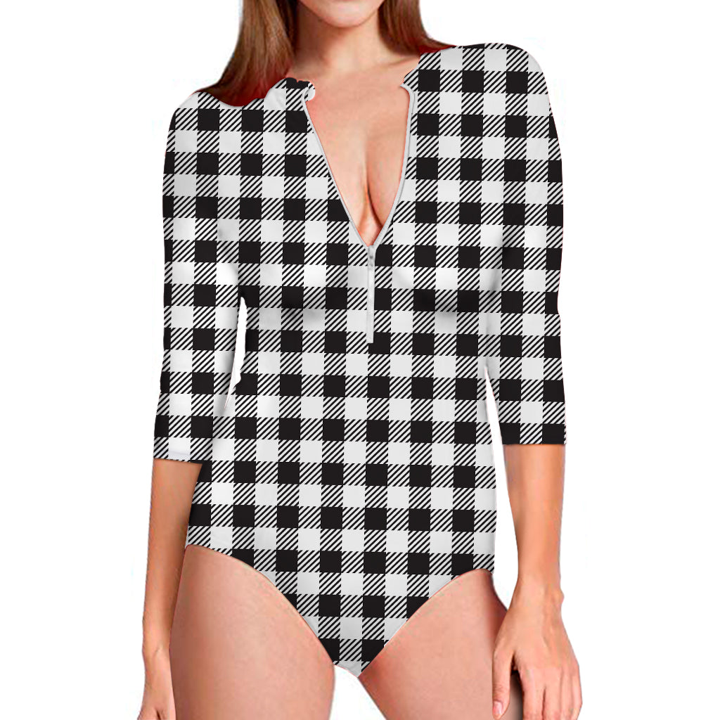 Black And White Gingham Pattern Print Long Sleeve Swimsuit
