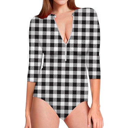 Black And White Gingham Pattern Print Long Sleeve Swimsuit
