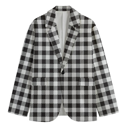 Black And White Gingham Pattern Print Men's Cotton Blazer