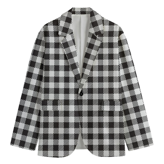 Black And White Gingham Pattern Print Men's Cotton Blazer