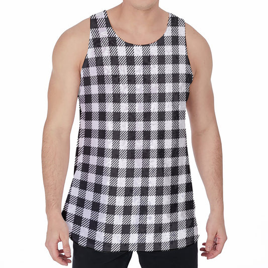Black And White Gingham Pattern Print Men's Velvet Tank Top