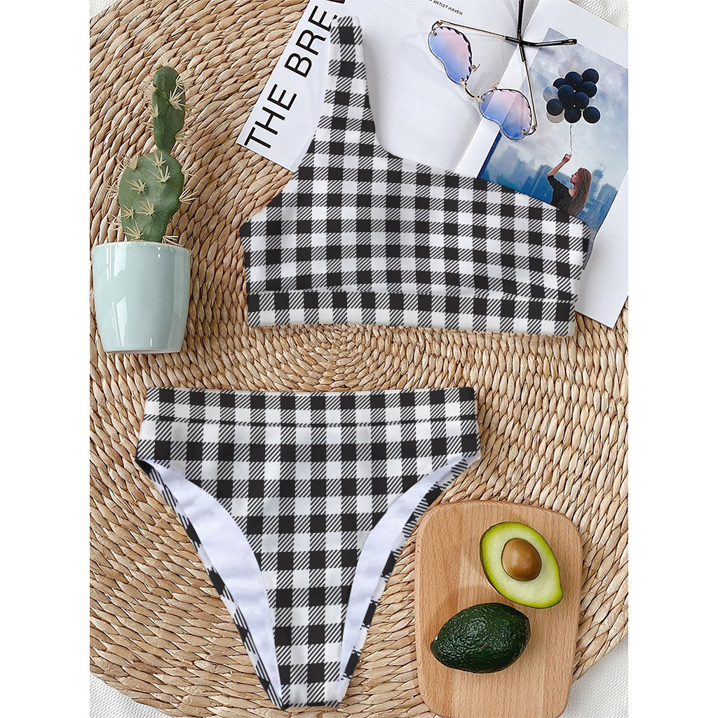 Black And White Gingham Pattern Print One Shoulder Bikini Top