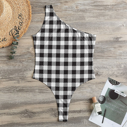 Black And White Gingham Pattern Print One Shoulder Bodysuit