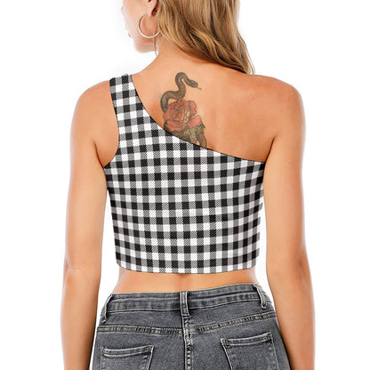 Black And White Gingham Pattern Print One Shoulder Crop Top