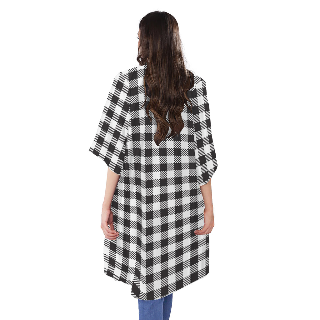 Black And White Gingham Pattern Print Open Front Beach Cover Up